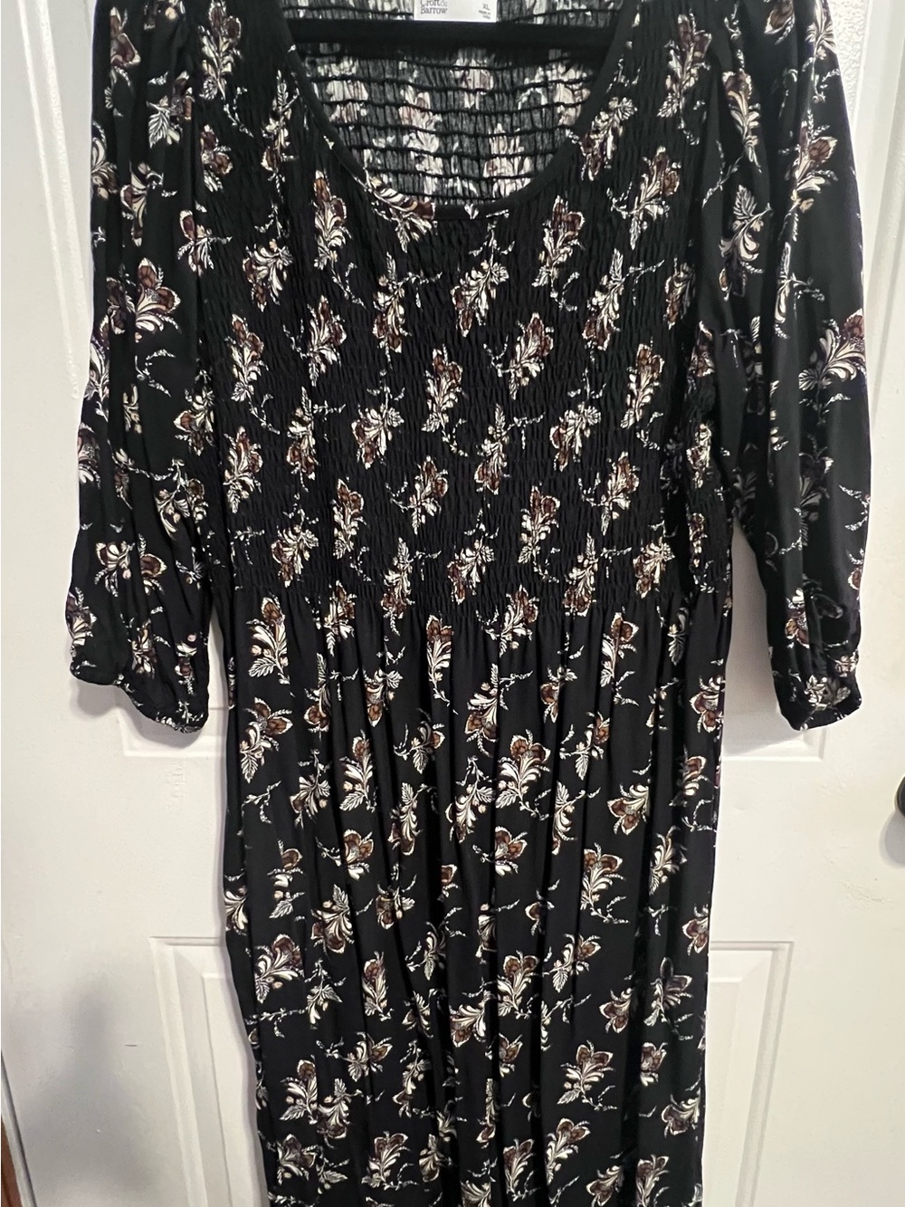 croft & barrow Black Floral Smocked 3/4-Sleeve Midi Dress
